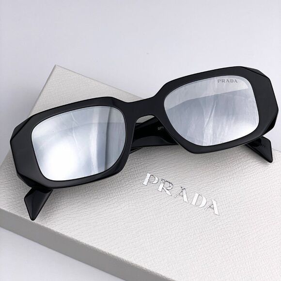NEW Prada PR17WS 1AB2B0 Black Light Gray Mirrored Silver Square Unisex - Picture 11 of 15